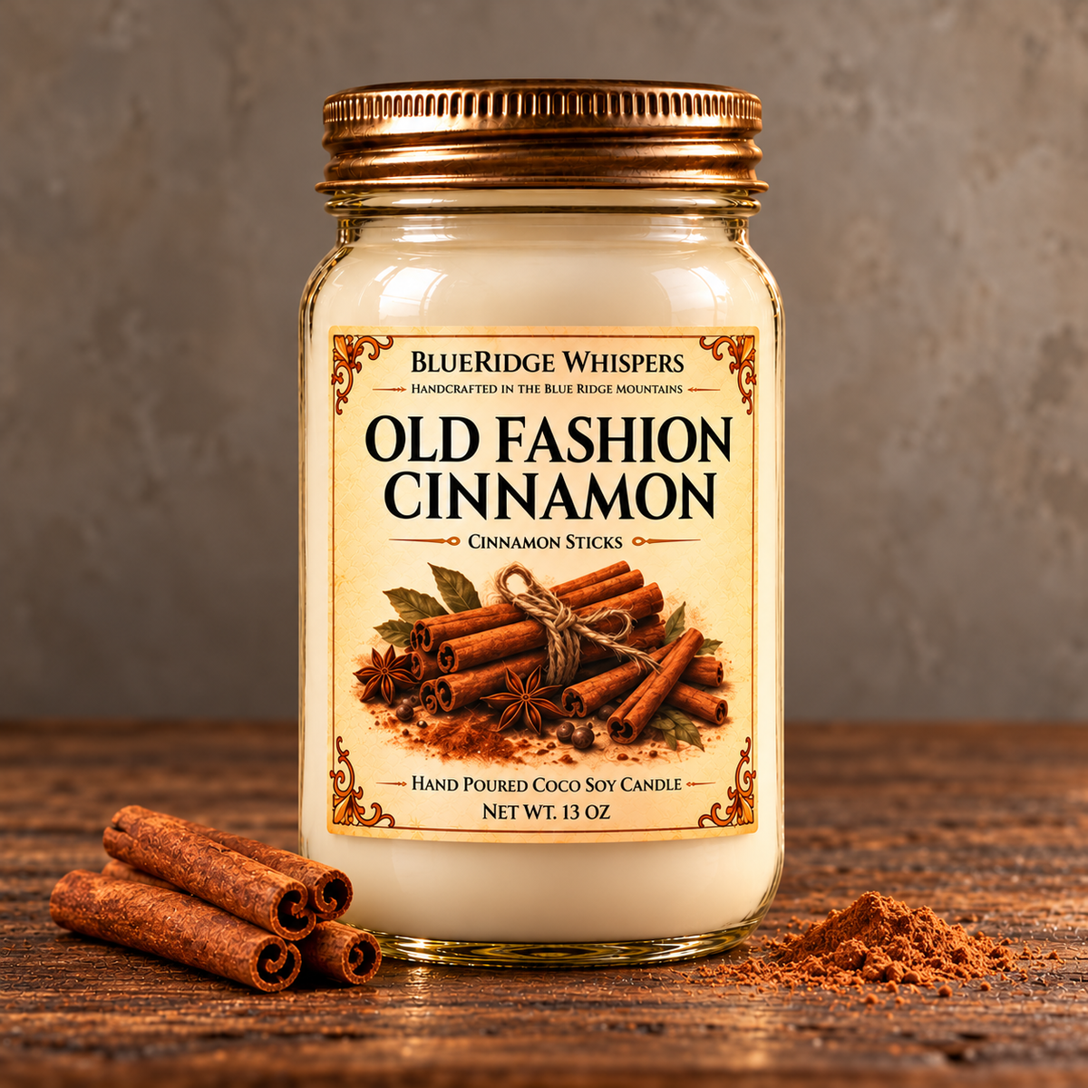 Old Fashioned Cinnamon – Spice Coco-Soy Candle on weathered wood against a neutral plaster wall with scent accents.