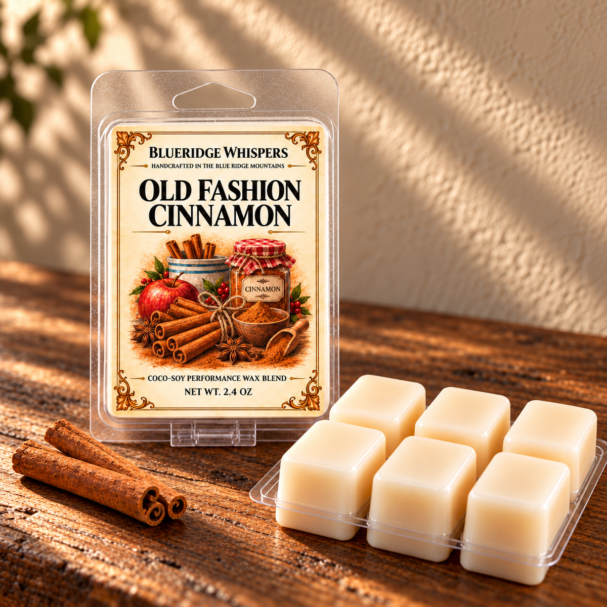 Old Fashion Cinnamon Wax Melt on a dark rustic wooden table with scent accents in warm natural light.