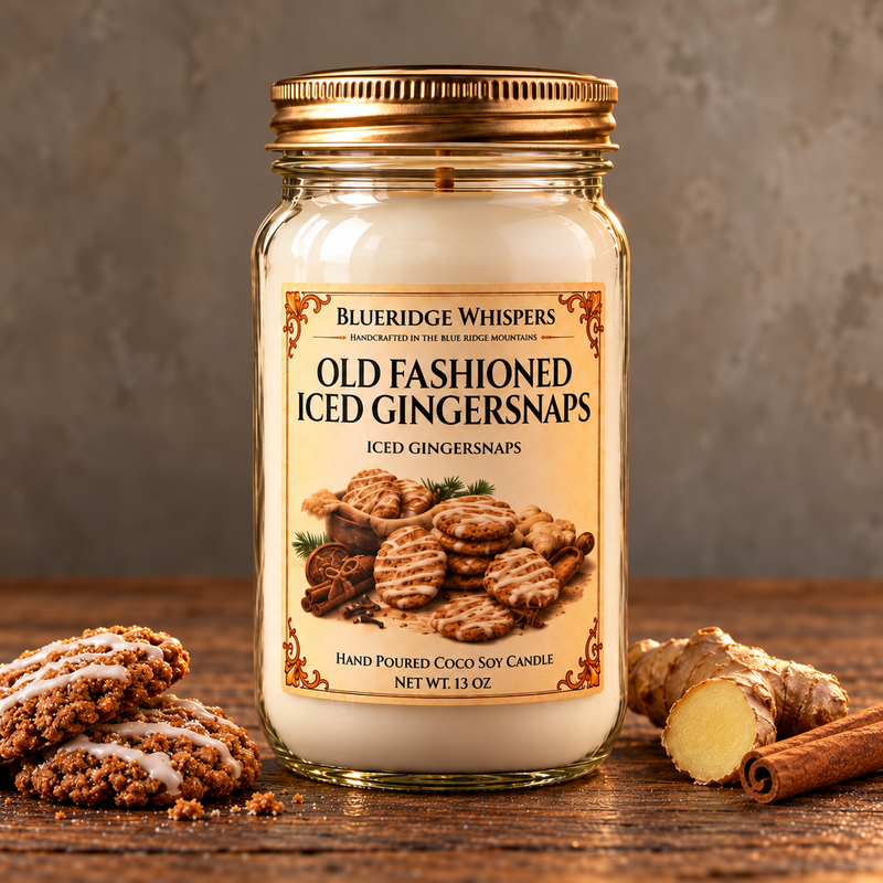 Old Fashioned Gingersnaps – Bakery Coco-Soy Candle on weathered wood against a neutral plaster wall with scent accents.