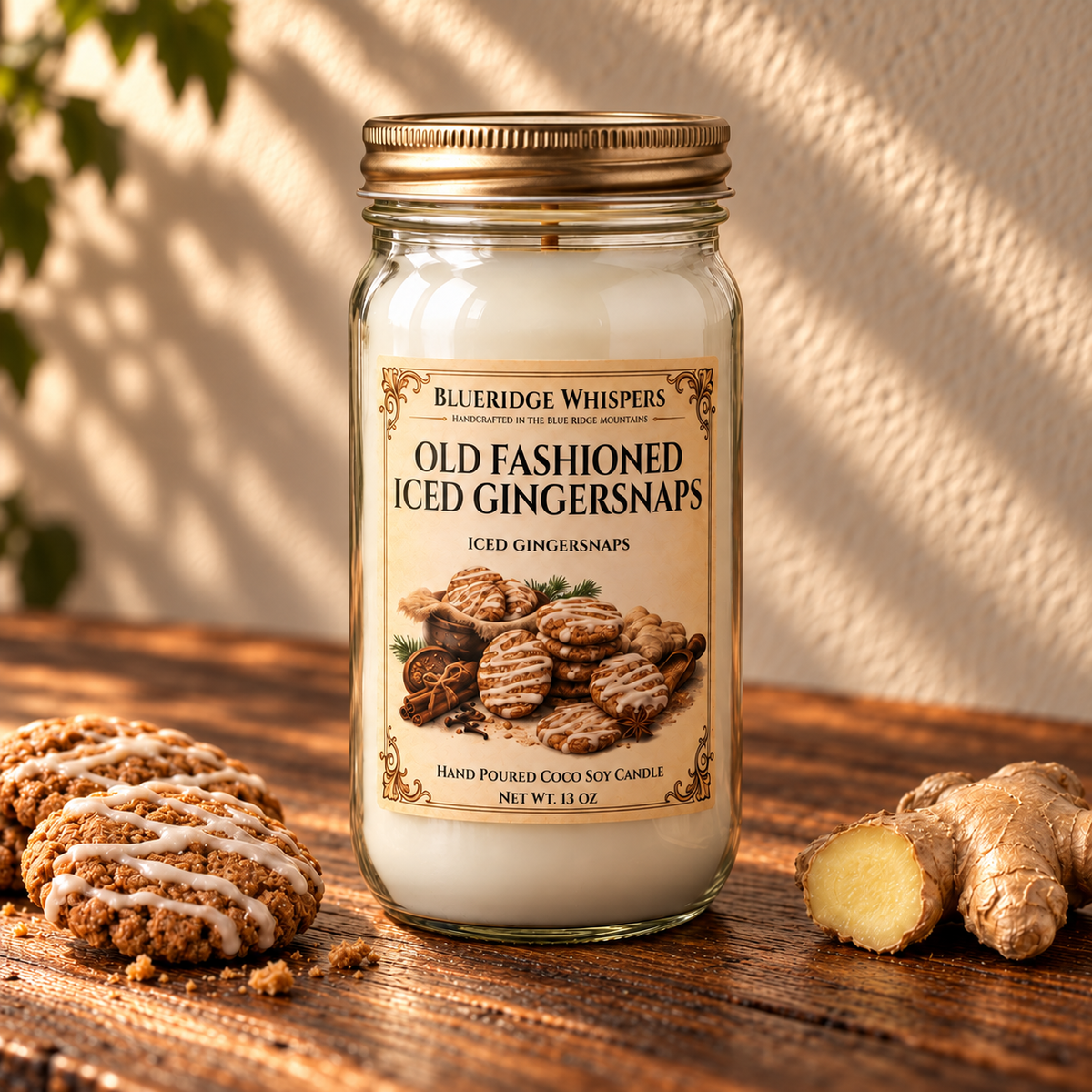 Old Fashioned Gingersnaps – Bakery Coco-Soy Candle on a dark rustic wooden table with scent accents in warm natural light.