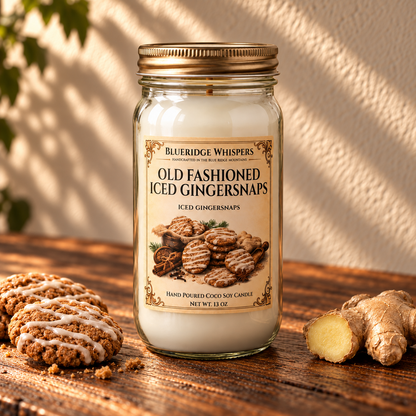 Old Fashioned Gingersnaps – Bakery Coco-Soy Candle on a dark rustic wooden table with scent accents in warm natural light.