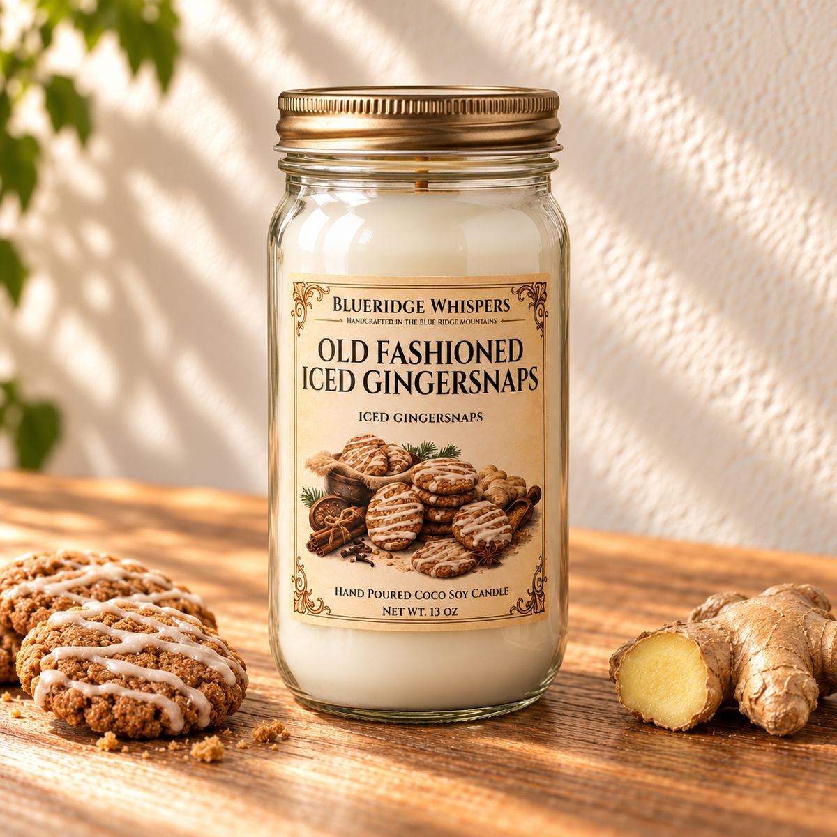Old Fashioned Gingersnaps – Bakery Coco-Soy Candle in a tall gold-lidded mason jar on sunlit wood with scent accents.
