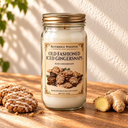 Old Fashioned Gingersnaps – Bakery Coco-Soy Candle in a tall gold-lidded mason jar on sunlit wood with scent accents.