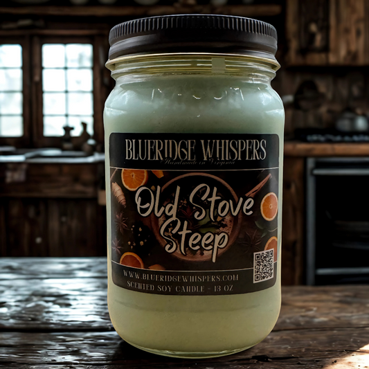 Old Stove Steep spiced tea soy candle in 16oz mason jar with orange peel ginger honey scent - handmade Appalachian candle by Blue Ridge Whispers