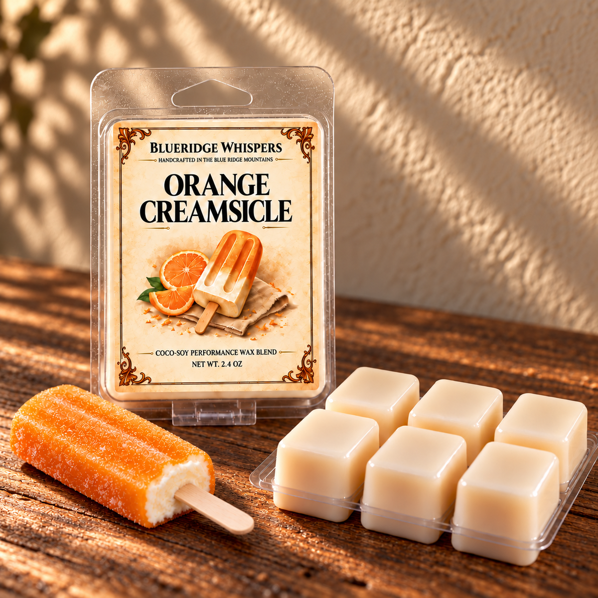 Orange Creamsicle on a dark rustic wooden table with scent accents in warm natural light.