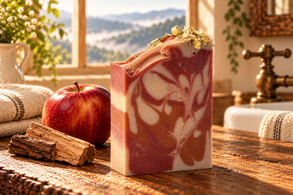 Orchard Reserve Apple Bourbon soap with red, caramel, and cream swirls and jasmine blossoms on a rustic mountain farmhouse counter.