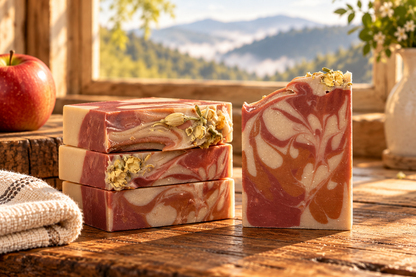 Stacked Orchard Reserve Apple Bourbon soap bars beside an upright bar in warm natural light. Sold individually.