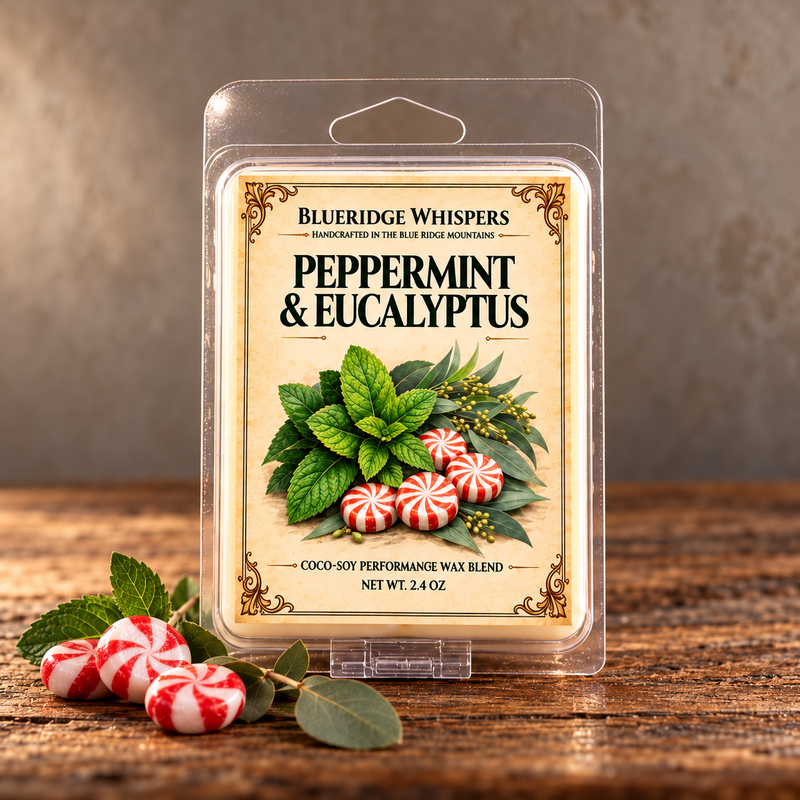Peppermint & Eucalyptus Wax Melts in a rustic indoor setting with scent accents
