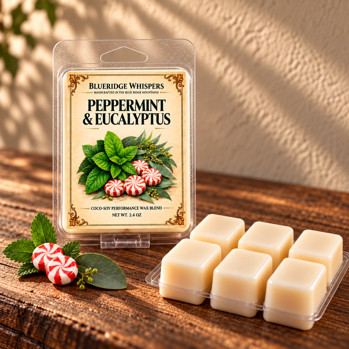 Peppermint & Eucalyptus on a dark rustic wooden table with scent accents in warm natural light.