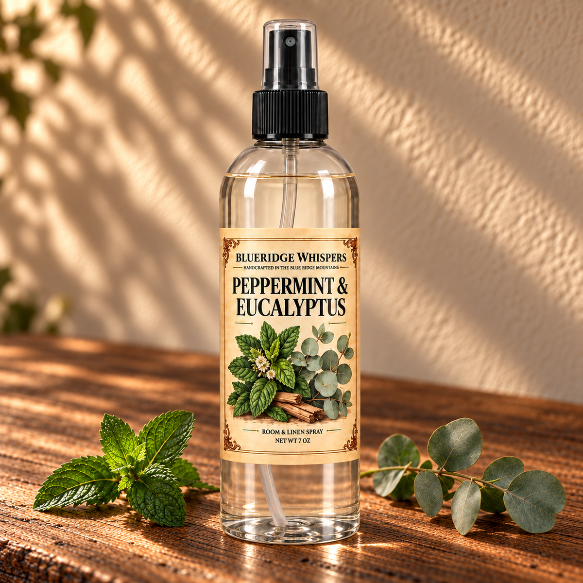 Peppermint & Eucalyptus Room & Fabric Spray on a dark rustic wooden table with scent accents in warm natural light.