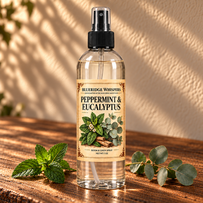 Peppermint & Eucalyptus Room & Fabric Spray on a dark rustic wooden table with scent accents in warm natural light.