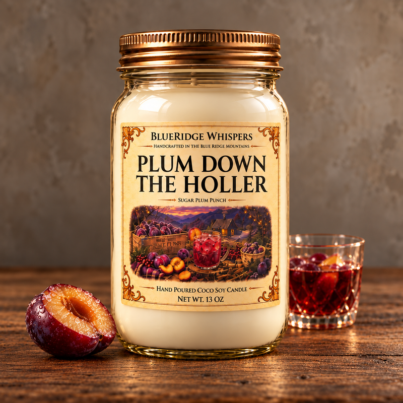 Plum Down the Holler – Sugar Plum Coco-Soy Candle on weathered wood against a neutral plaster wall with scent accents.