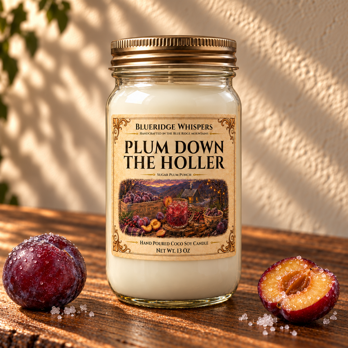 Plum Down the Holler – Sugar Plum Coco-Soy Candle on a dark rustic wooden table with scent accents in warm natural light.