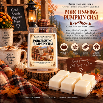 Porch Swing Pumpkin Chai wax melt clamshell and six ivory wax cubes with pumpkins, spices, and an autumn mountain porch.