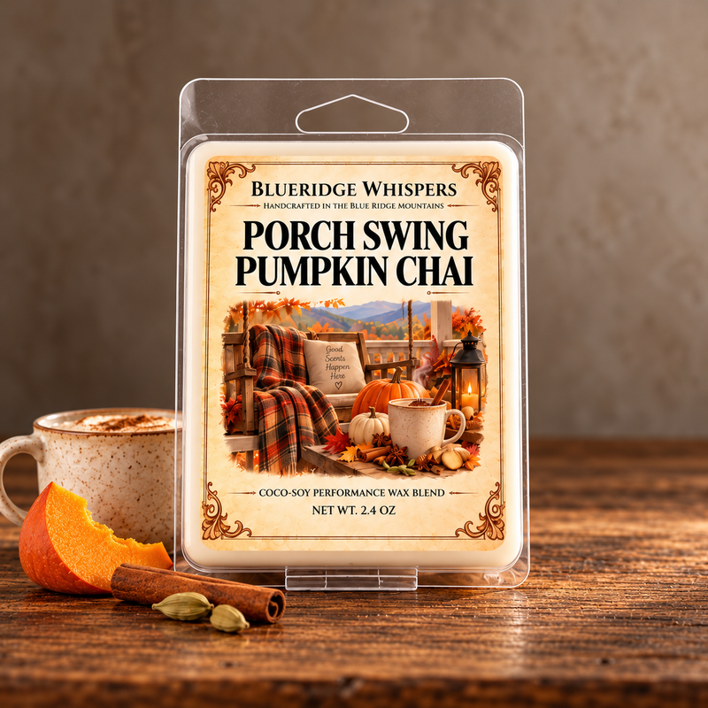 Porch Swing Pumpkin Chai Wax Melts – Pumpkin, Spice & Vanilla in a rustic indoor setting with scent accents