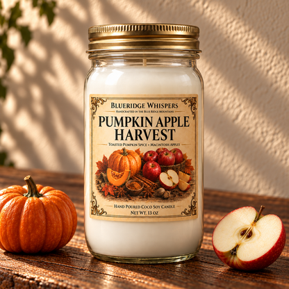 Pumpkin Apple Harvest – Fall Coco-Soy Candle on a dark rustic wooden table with scent accents in warm natural light.