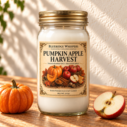 Pumpkin Apple Harvest – Fall Coco-Soy Candle in a tall gold-lidded mason jar on sunlit wood with scent accents.