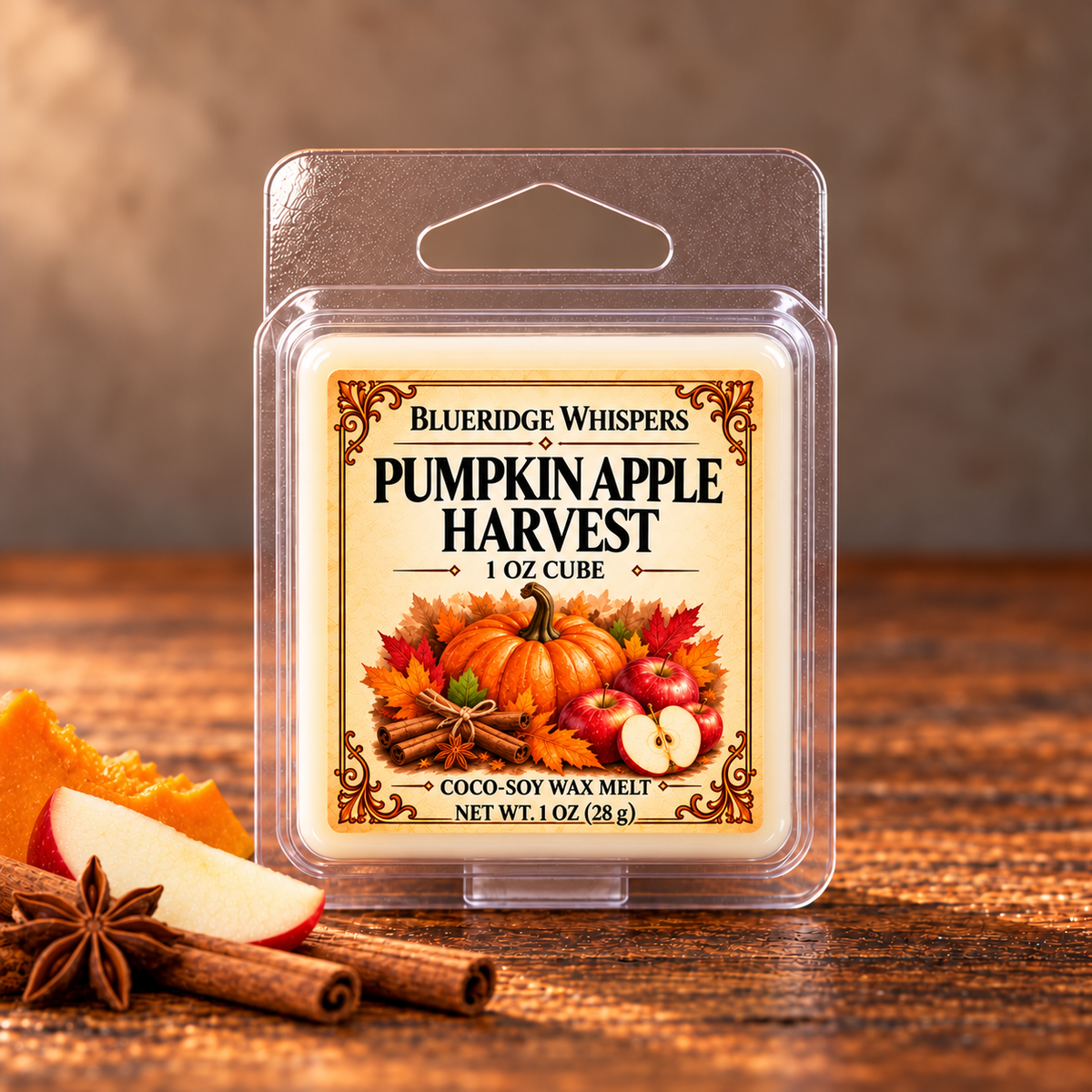 Pumpkin Apple Harvest 1 oz cube in a clear single-cube clamshell, front label facing forward