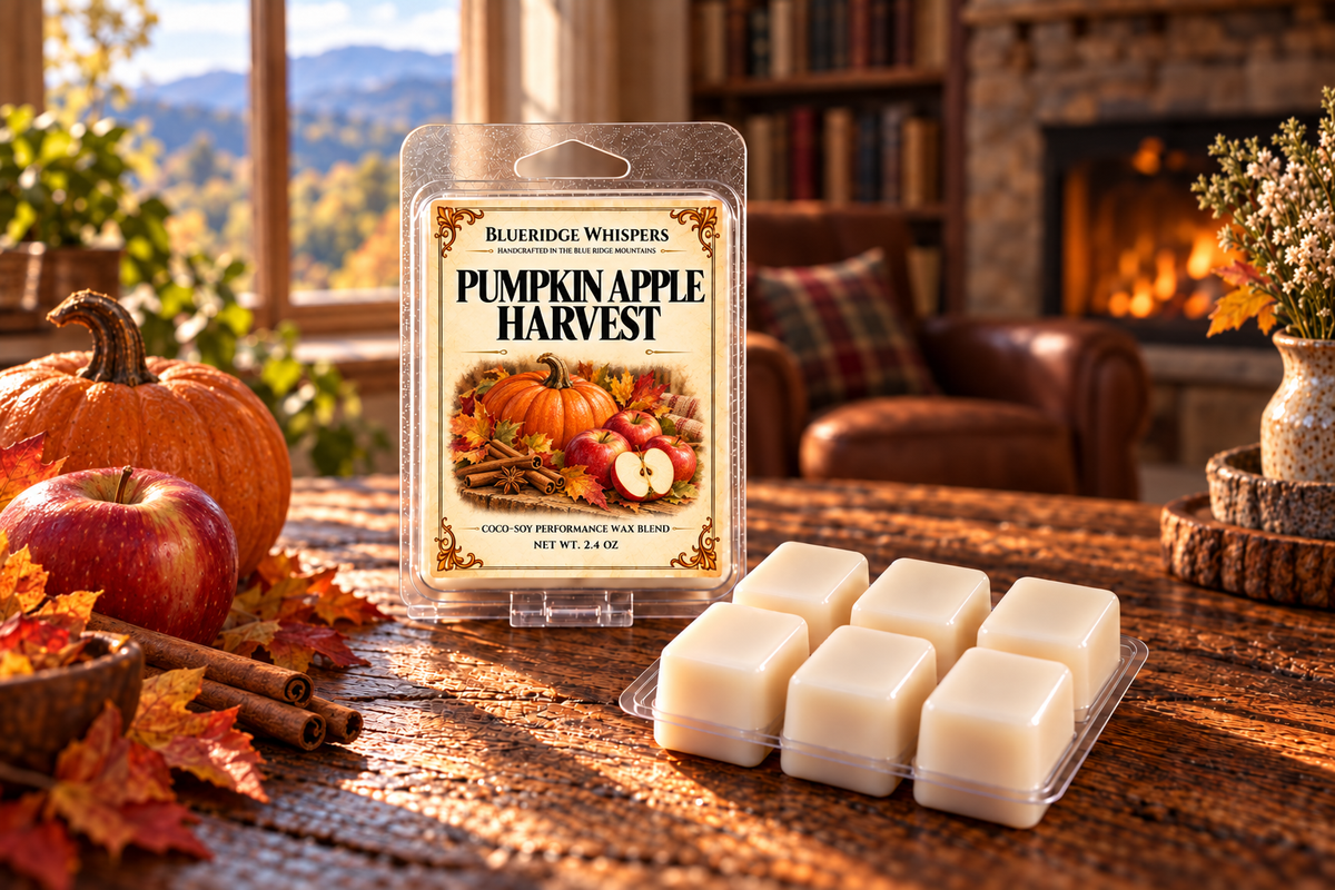 Pumpkin Apple Harvest coco-soy wax melts and six ivory cubes in a cozy Appalachian home with pumpkins, apples, cinnamon, and autumn mountain views.