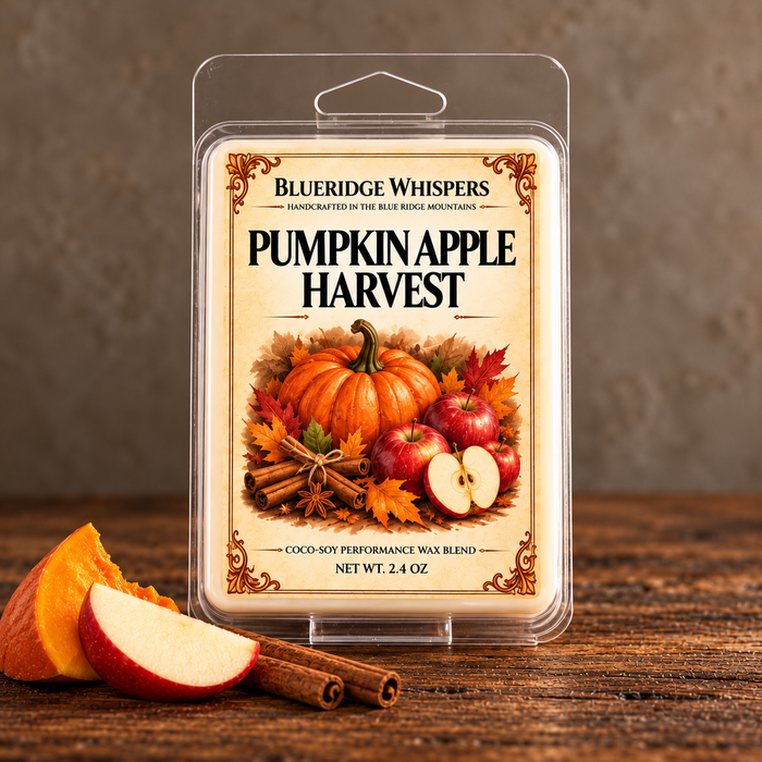 Pumpkin Apple Harvest Wax Melts – Apple & Pumpkin Spice in a rustic indoor setting with scent accents