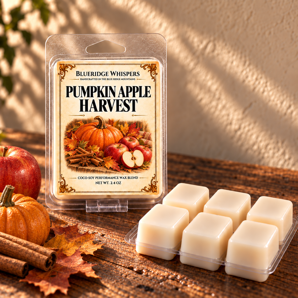 Pumpkin Apple Harvest wax melts by BlueRidge Whispers, with a labeled 2.4 oz clamshell and six ivory cubes on a rustic table with apples, pumpkin, and cinnamon.