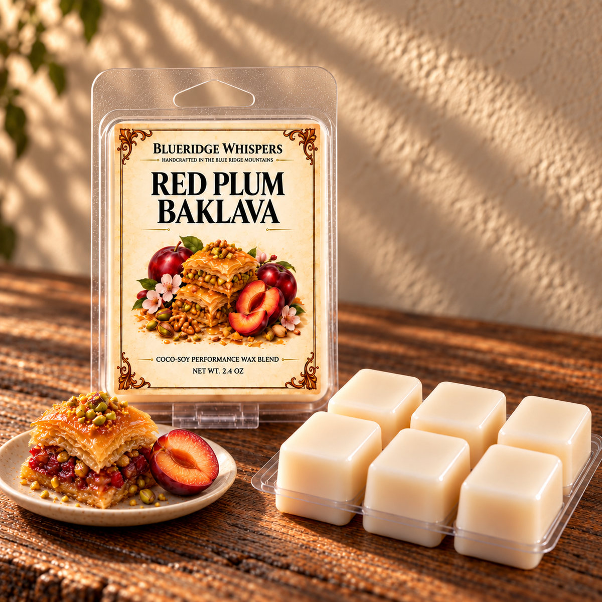 Red Plum Baklava Soy Wax Melts on a dark rustic wooden table with scent accents in warm natural light.