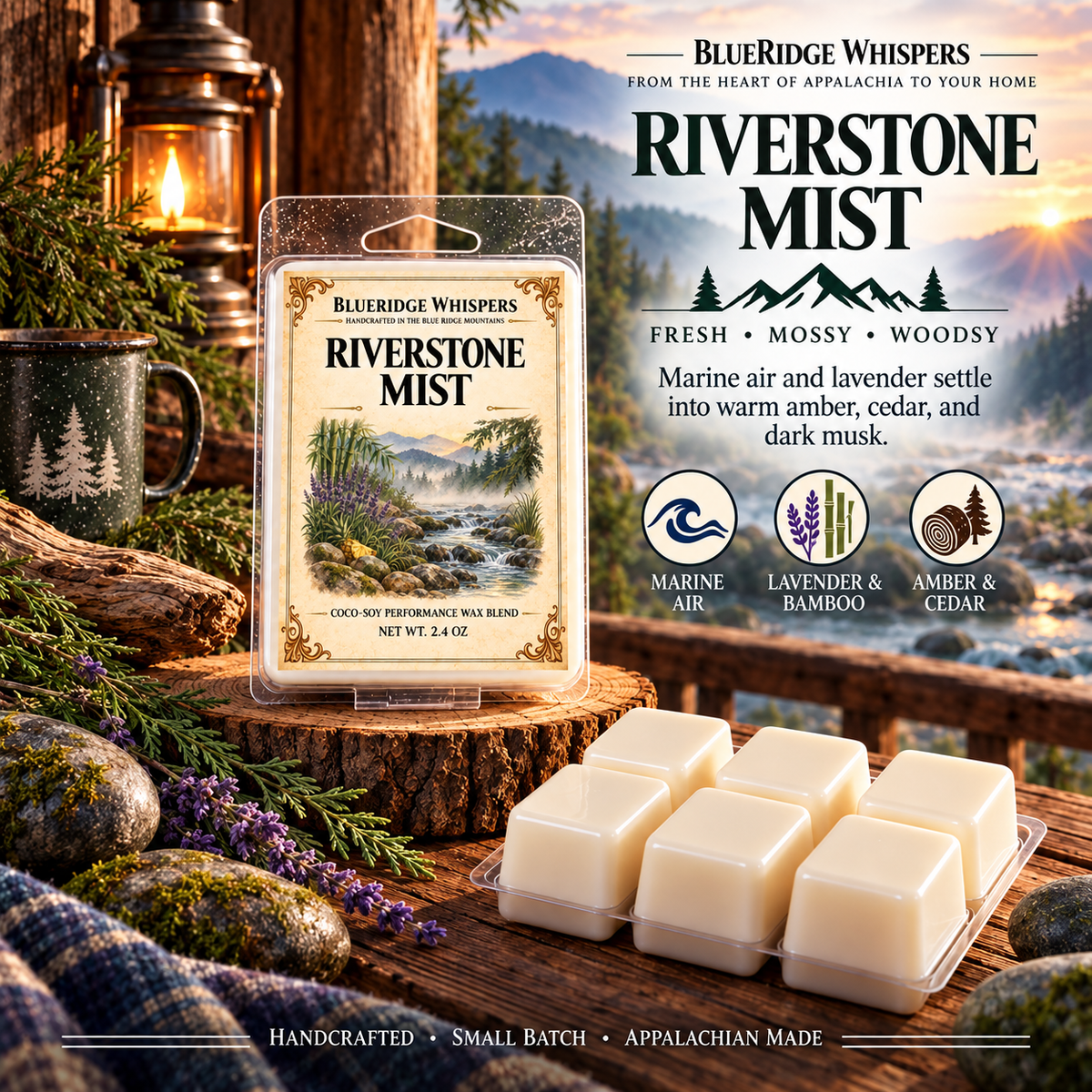 Riverstone Mist coco-soy wax melts by BlueRidge Whispers, 2.4 oz clamshell with six ivory cubes and a misty Appalachian creek setting.