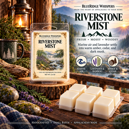 Riverstone Mist coco-soy wax melts by BlueRidge Whispers, 2.4 oz clamshell with six ivory cubes and a misty Appalachian creek setting.