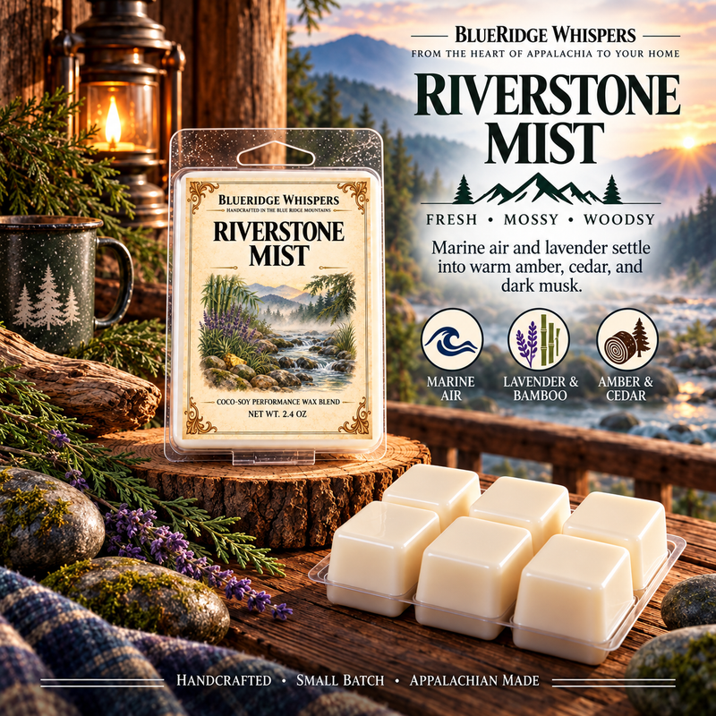 Riverstone Mist coco-soy wax melts by BlueRidge Whispers, 2.4 oz clamshell with six ivory cubes and a misty Appalachian creek setting.