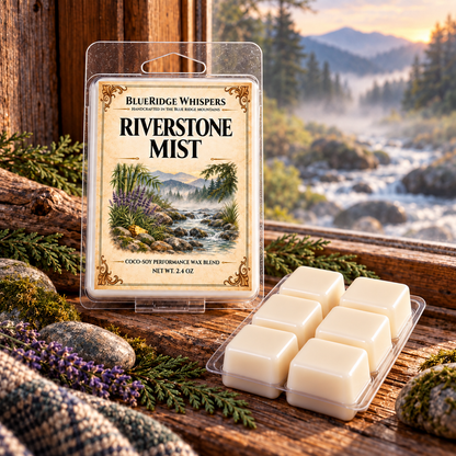 Riverstone Mist 2.4 oz wax melt clamshell with six creamy coco-soy cubes arranged in three rows of two beside a misty mountain creek.