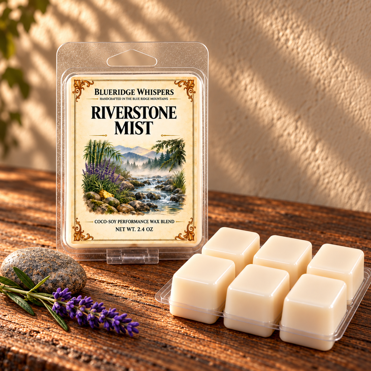 Riverstone Mist Wax Melts – Marine, Lavender & Cedar on a dark rustic wooden table with scent accents in warm natural light.