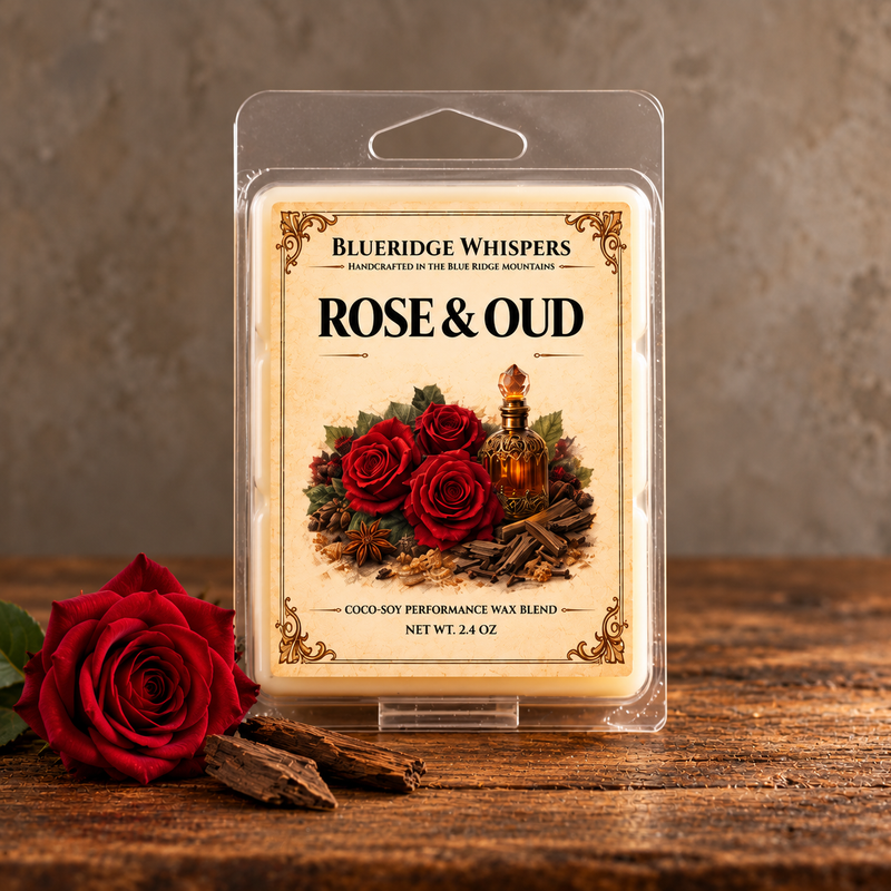 Rose and Oud Soy Wax Melts in a rustic indoor setting with scent accents
