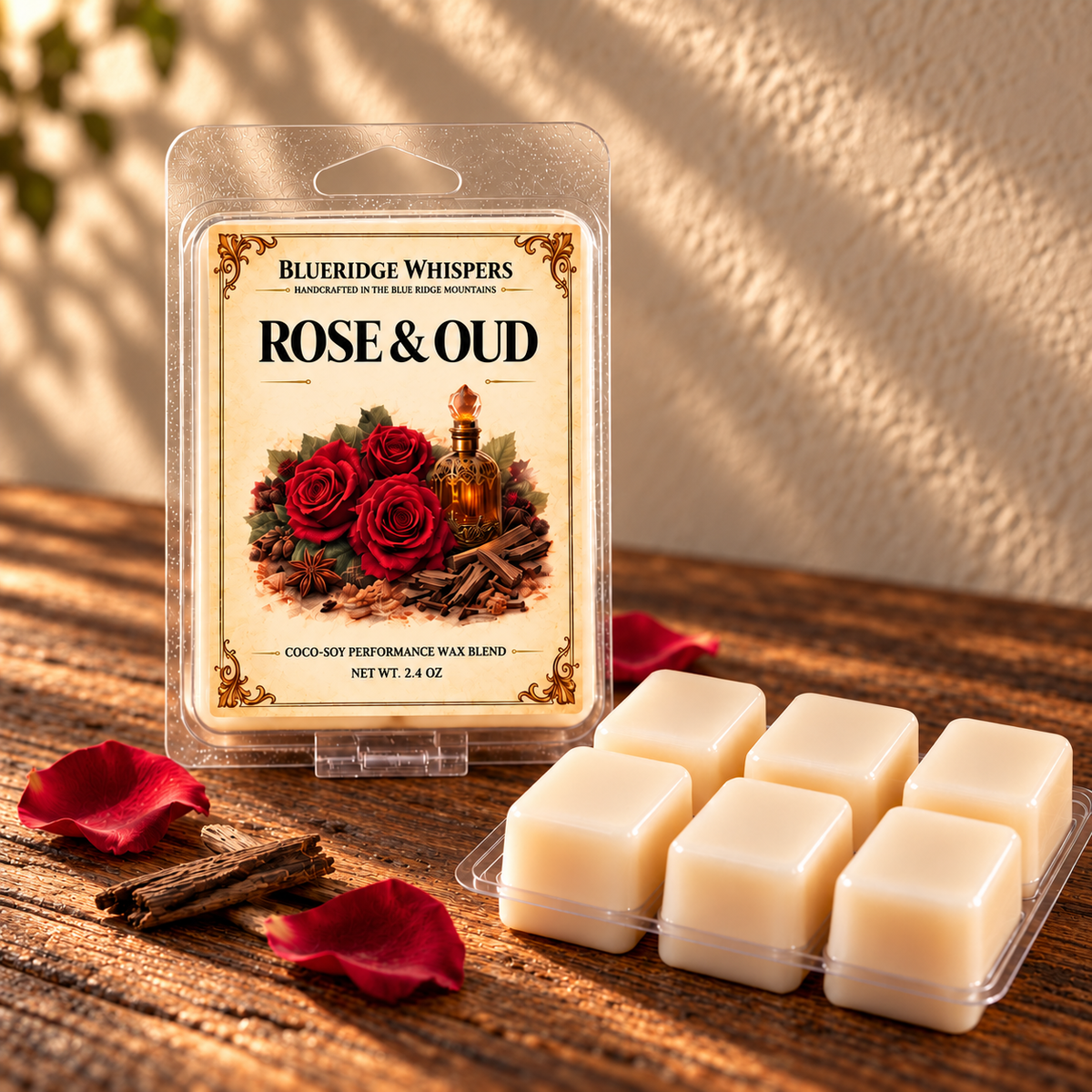 Rose and Oud Soy Wax Melts on a dark rustic wooden table with scent accents in warm natural light.