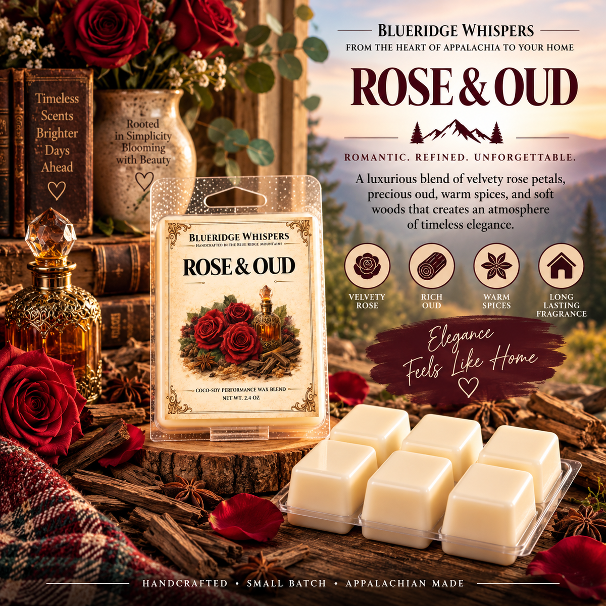 Rose and Oud Soy Wax Melts — Blue Ridge Whispers wax melt product photo