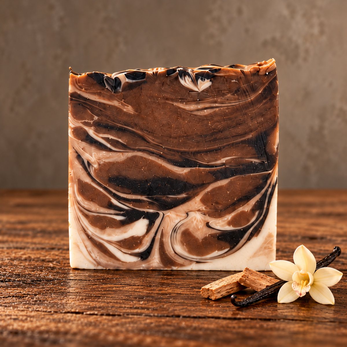 Sandalwood Vanilla Handcrafted Soap in a rustic indoor setting with ingredient accents