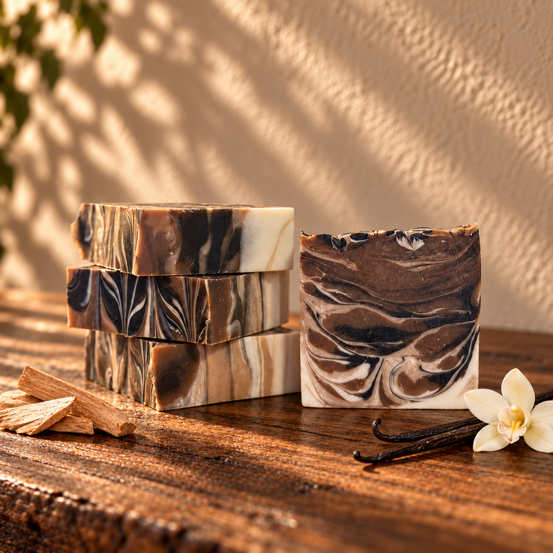 Sandalwood Vanilla Handcrafted Soap on a dark rustic wooden table with scent accents in warm natural light.