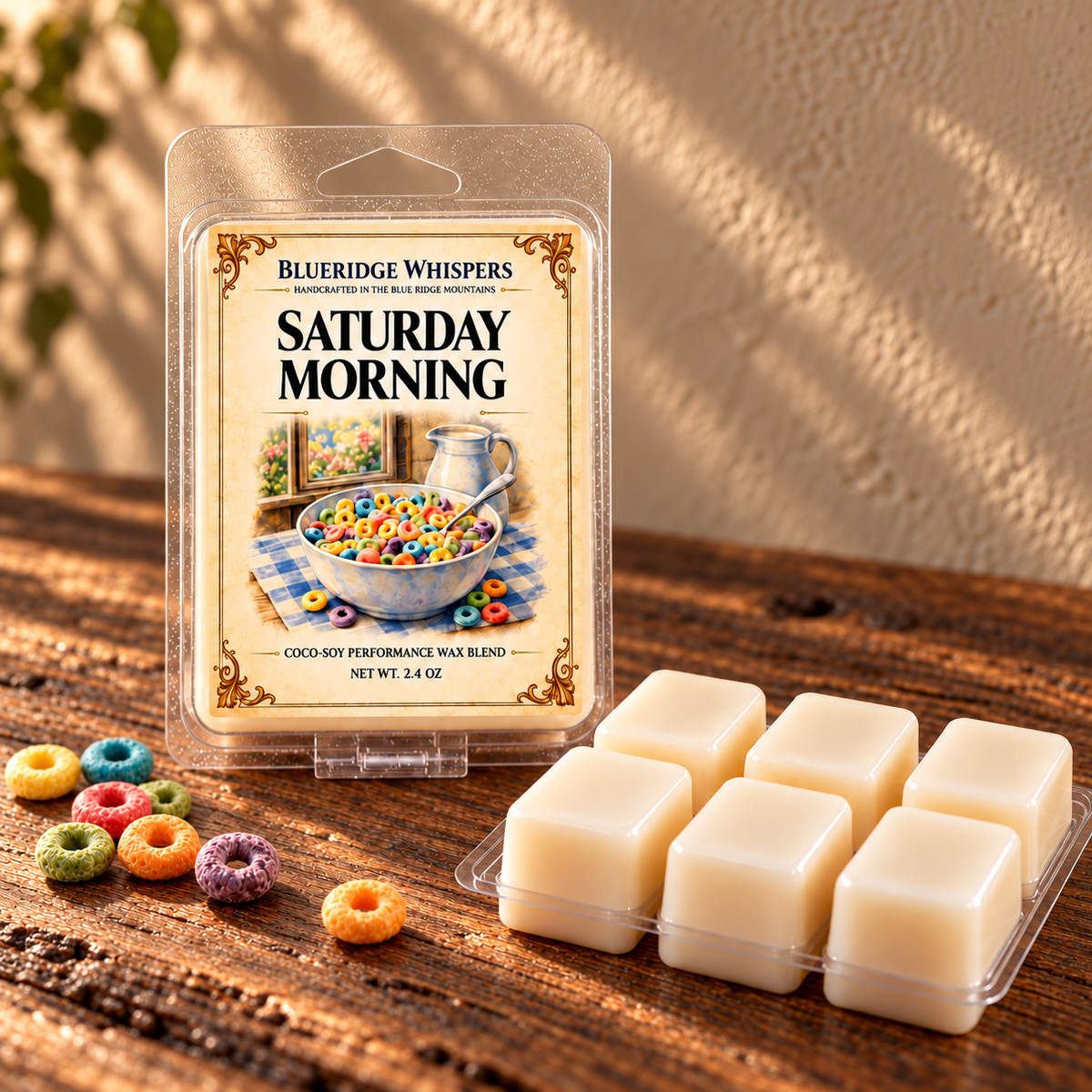Saturday Morning Nostalgia - Fruit Cereal on a dark rustic wooden table with scent accents in warm natural light.