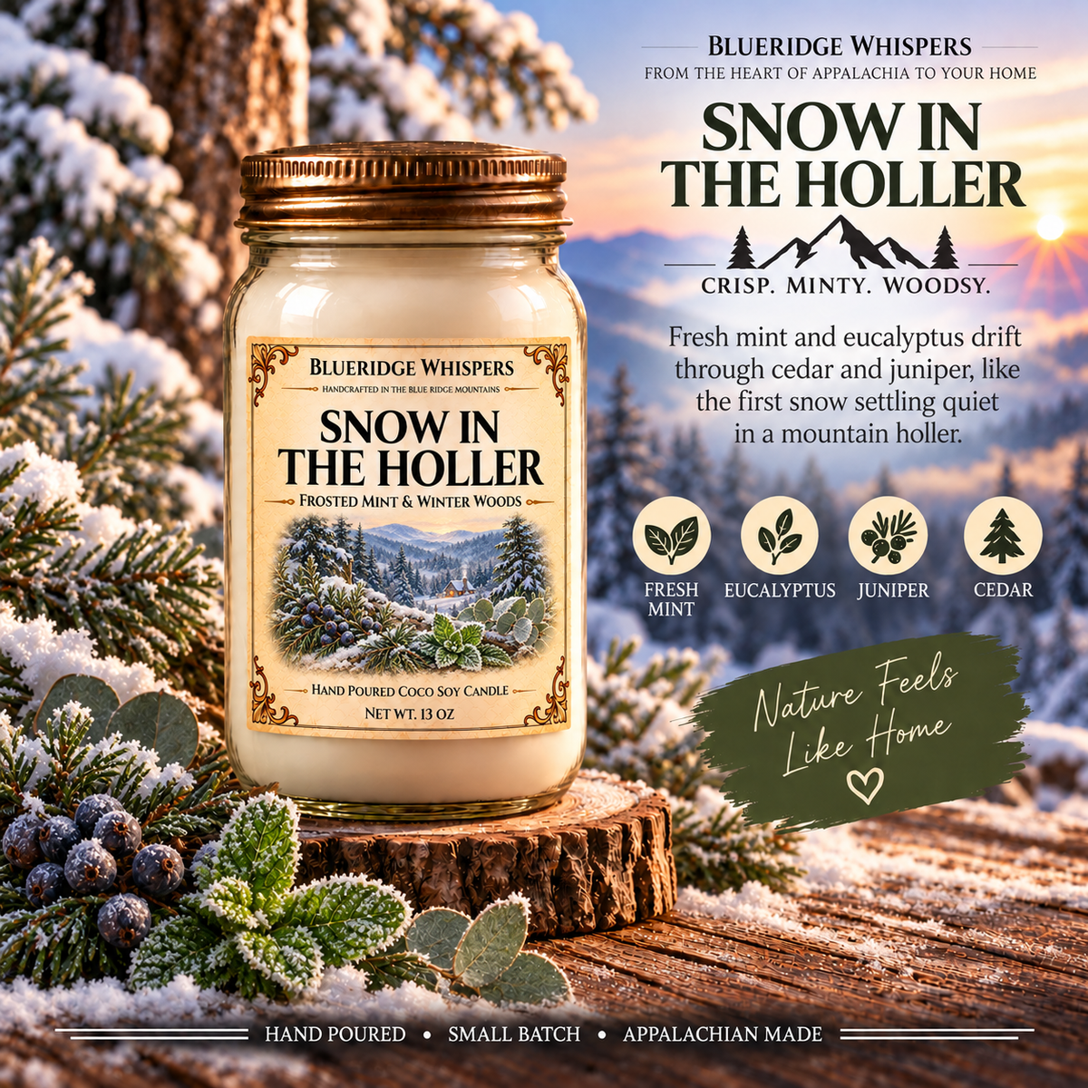 Snow in The Holler candle in BlueRidge Whispers' standard mason jar with brass lid, winter mountain label and snowy Blue Ridge scenery.