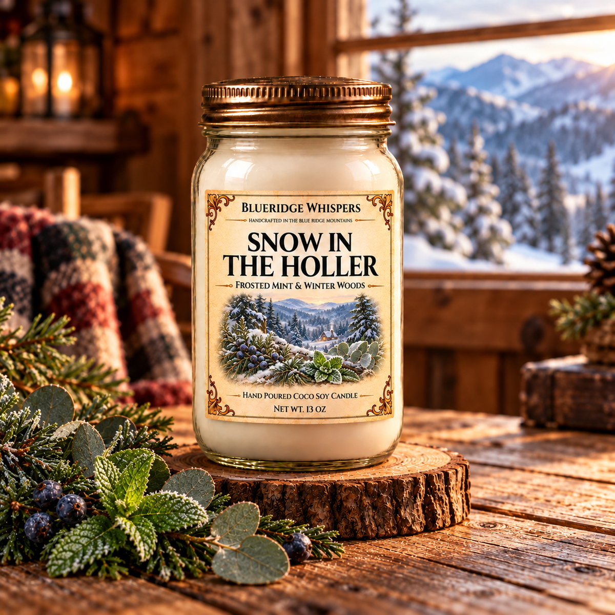 Snow in The Holler candle in the standard mason jar on a rustic cabin table beside a snowy mountain window.