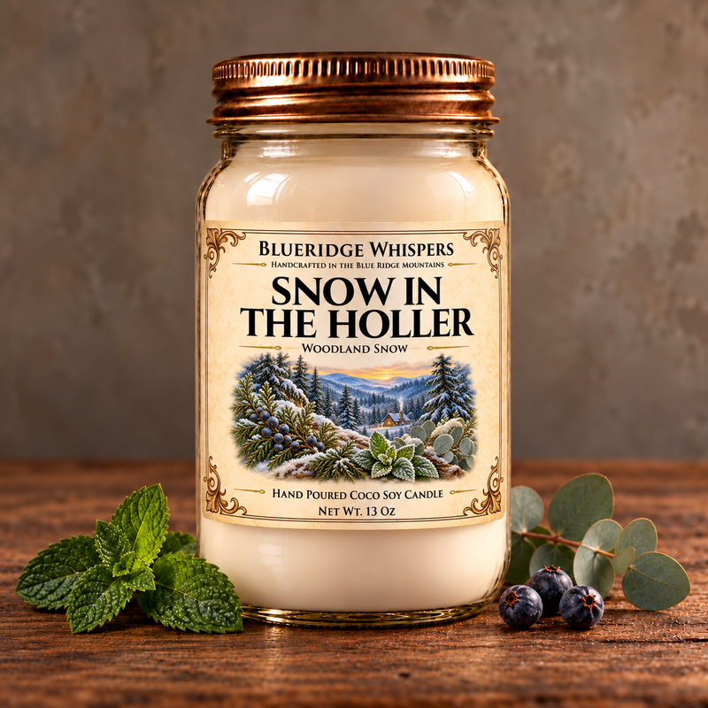 Snow in The Holler candle with its Woodland Snow label in a copper-lidded mason jar, styled with mint, eucalyptus, and juniper on rustic wood.