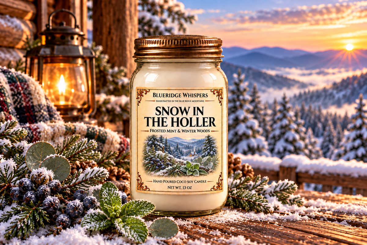 Snow in The Holler candle on a rustic porch overlooking snowy Blue Ridge mountains with mint and juniper accents.