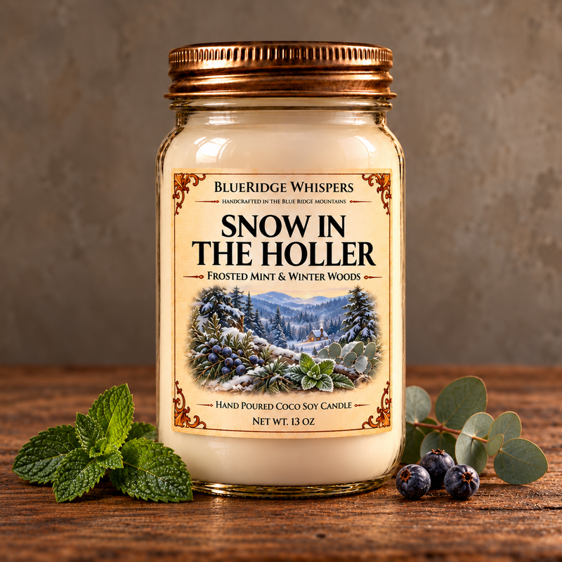 Snow in The Holler Candle on weathered wood against a neutral plaster wall with scent accents.