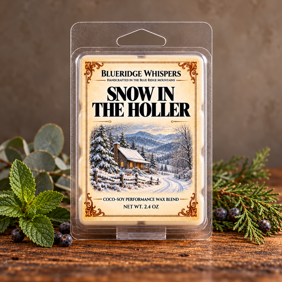 Snow in the Holler 2.4 oz wax melts in a clear clamshell on weathered wood with mint, eucalyptus, and juniper accents.