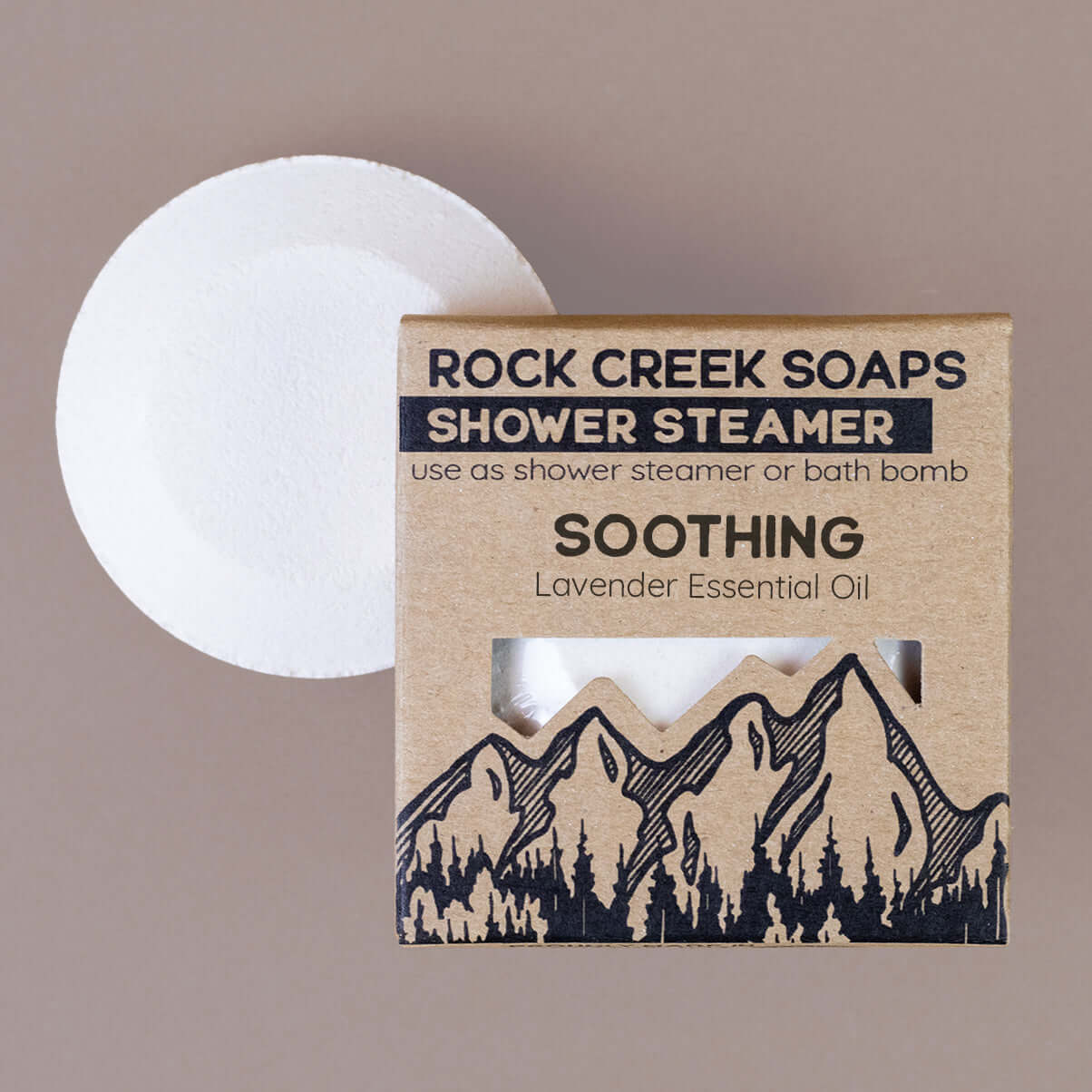 Shower steamer in Soothing with lavender essential oil by Rock Creek Soaps, promoting aromatherapy benefits.
