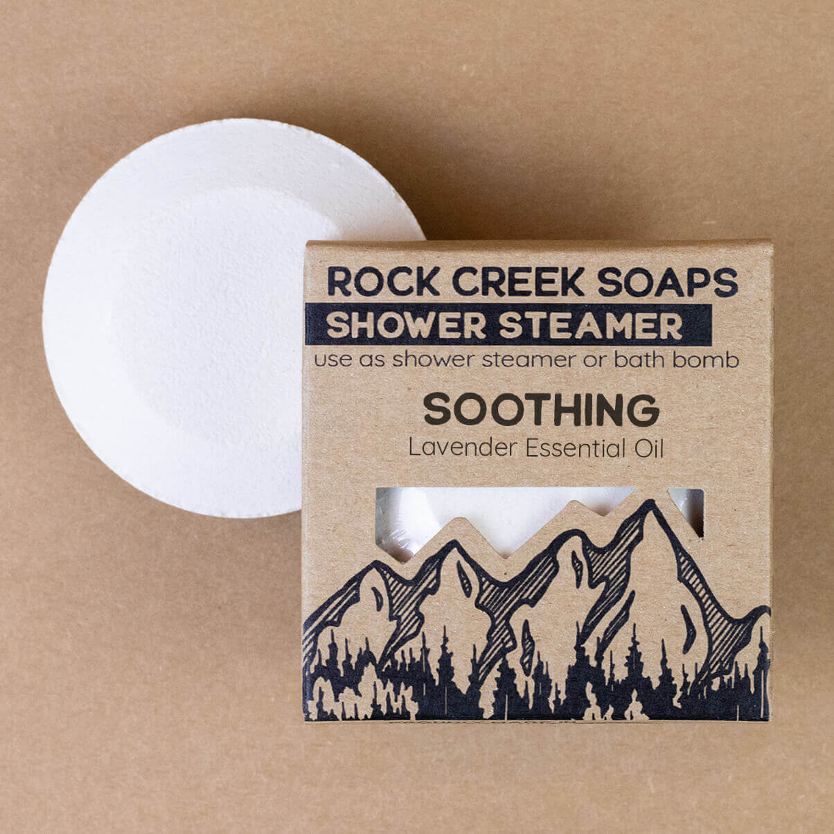 Rock Creek Soaps Soothing shower steamer with lavender essential oil, suitable for shower or bath use.