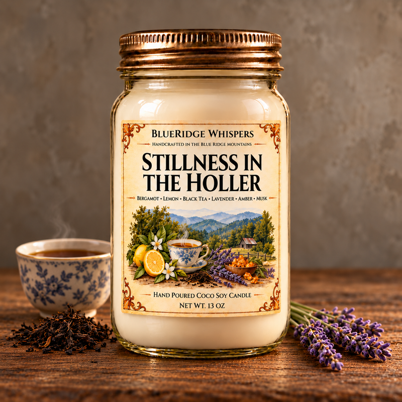 Stillness in the Holler – Black Tea & Lavender Coco-Soy Candle on weathered wood against a neutral plaster wall with scent accents.