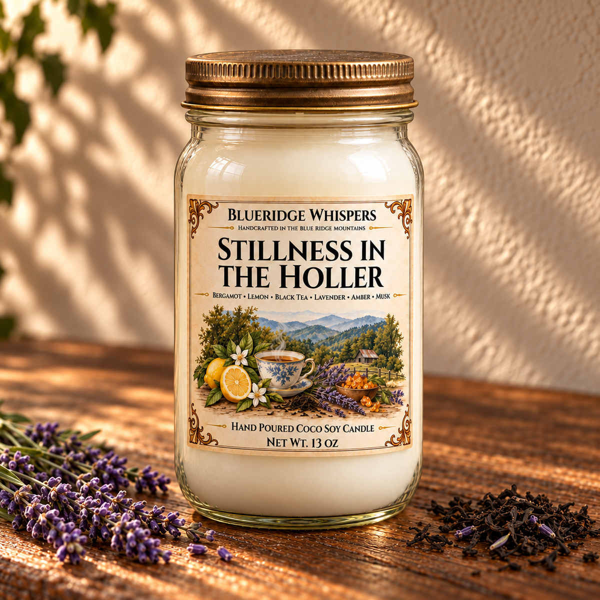 Stillness in the Holler – Black Tea & Lavender Coco-Soy Candle on a dark rustic wooden table with scent accents in warm natural light.