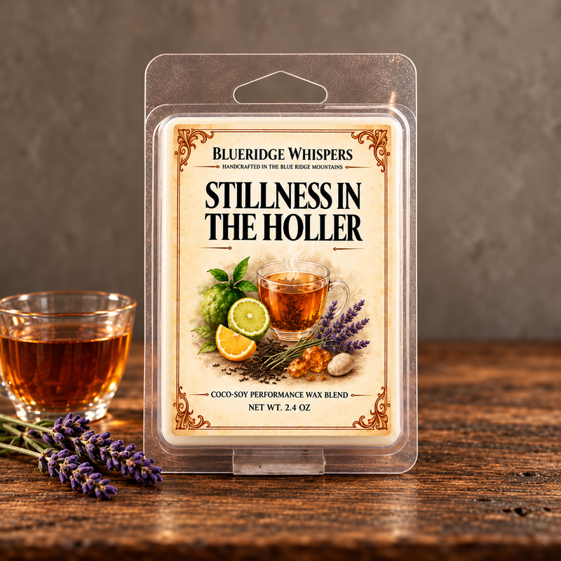 Stillness in the Holler Wax Melts in a rustic indoor setting with scent accents