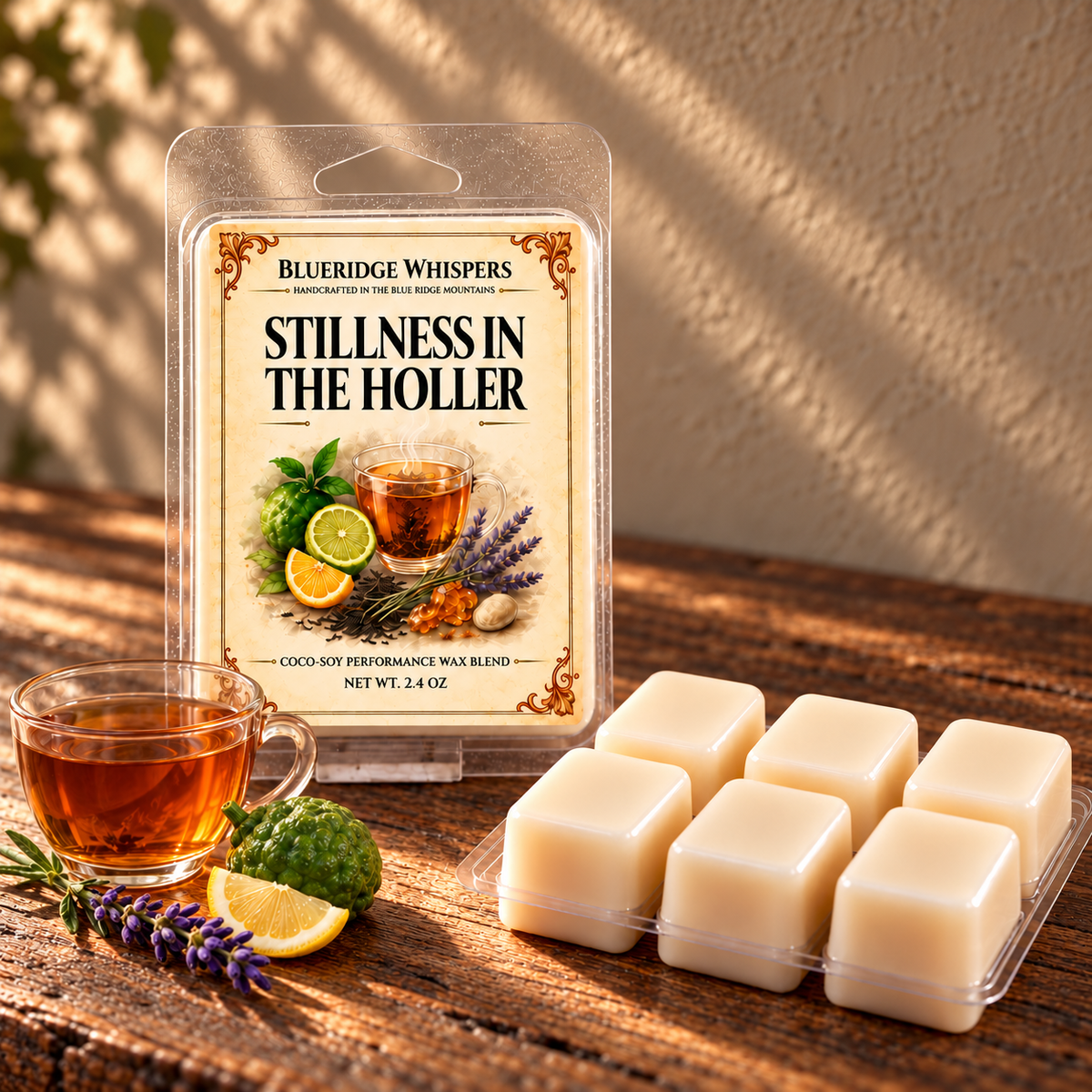 Stillness in the Holler Wax Melts on a dark rustic wooden table with scent accents in warm natural light.