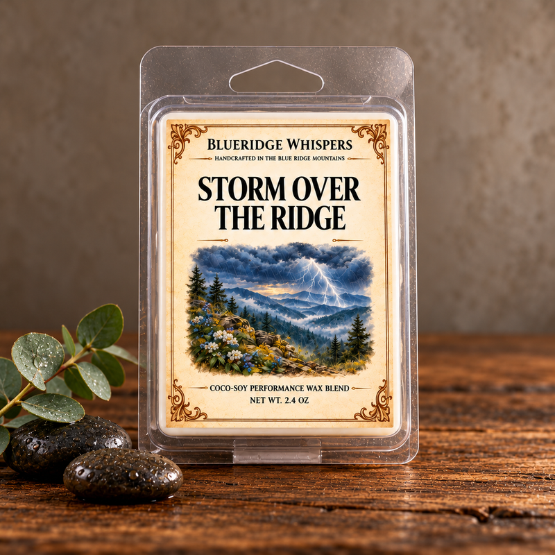 Storm Over The Ridge Wax Melts in a rustic indoor setting with scent accents